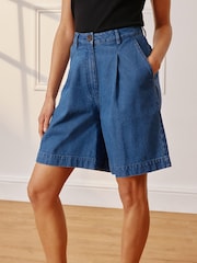 Albaray Blue Pleat Longer 100% Cotton Denim Shorts - Image 2 of 6