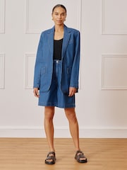 Albaray Blue Pleat Longer 100% Cotton Denim Shorts - Image 3 of 6