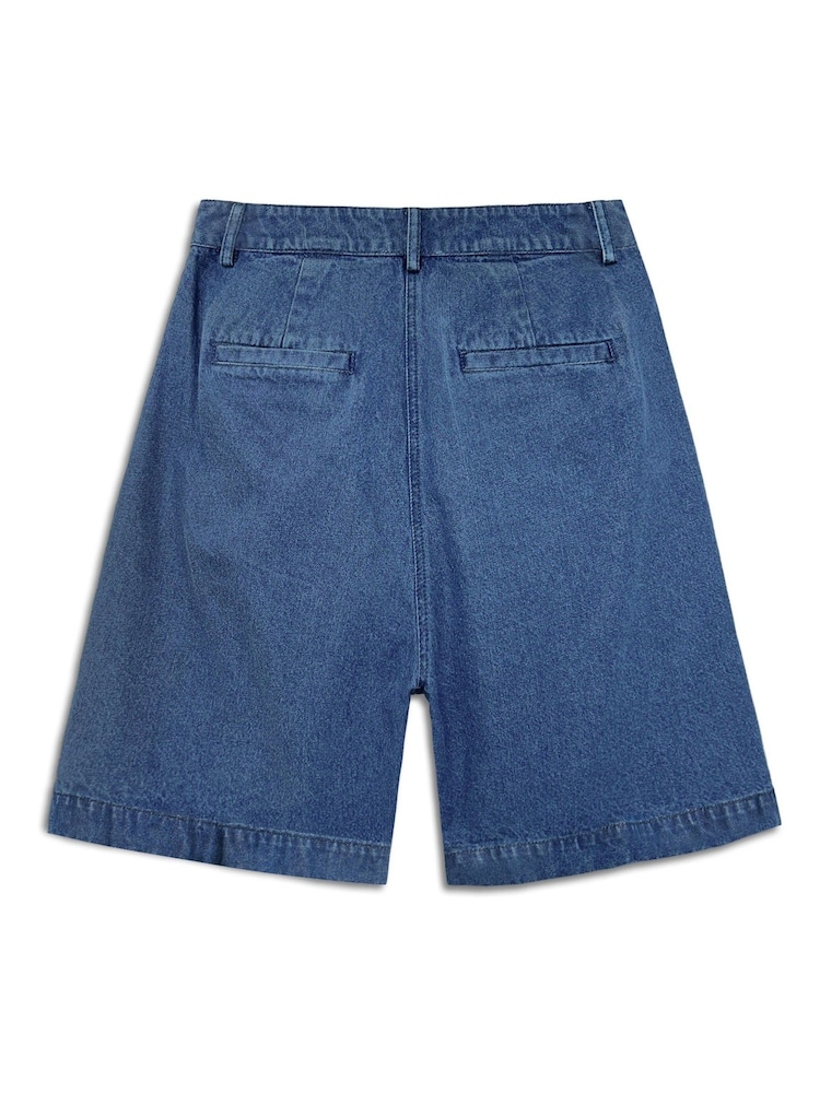 Albaray Blue Pleat Longer 100% Cotton Denim Shorts - Image 6 of 6