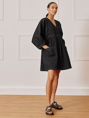 Albaray 100% Cotton Denim V-Neck Short Black Dress - Image 1 of 4