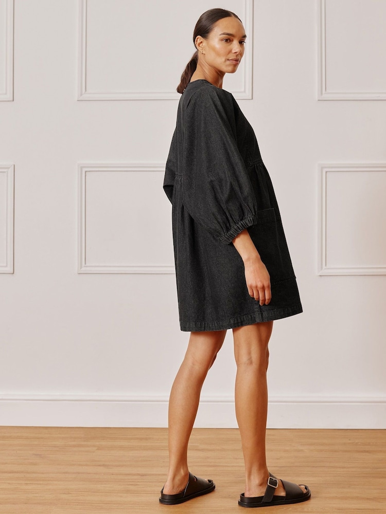 Albaray 100% Cotton Denim V-Neck Short Black Dress - Image 2 of 4