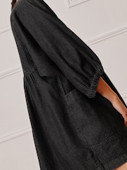 Albaray 100% Cotton Denim V-Neck Short Black Dress - Image 3 of 4
