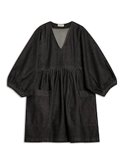 Albaray 100% Cotton Denim V-Neck Short Black Dress - Image 4 of 4