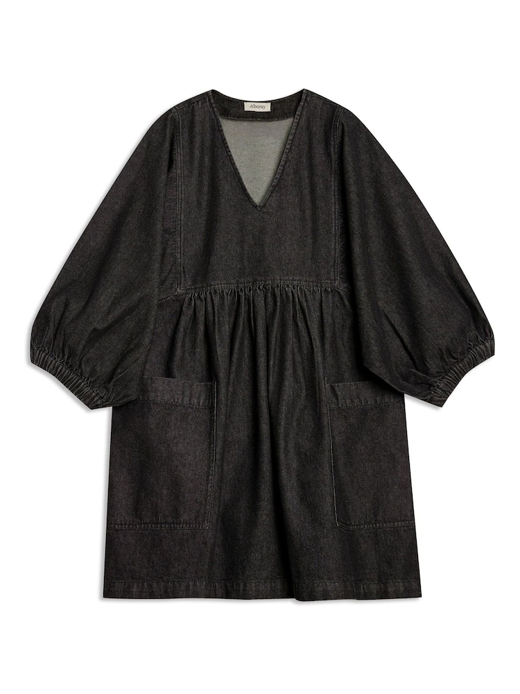 Albaray 100% Cotton Denim V-Neck Short Black Dress - Image 4 of 4