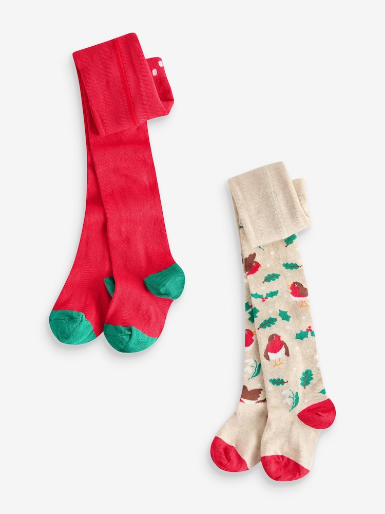 Frugi – Strumpfhosen in Rot und Haferflockenfarbe im 2er-Pack - Bild 1 von 6
