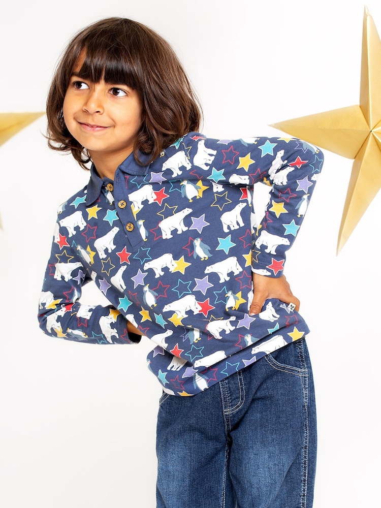 Frugi Blue Longsleeve Polar Bear Polo Shirt - Image 1 of 5 Frugi Blue Longsleeve Polar Bear Polo Shirt - Image 1 of 5