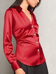 Lipsy Red Ruched Side Satin Button Through Shirt - Image 1 of 4