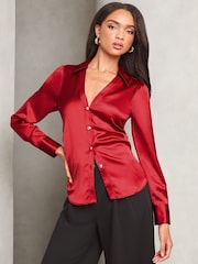Lipsy Red Ruched Side Satin Button Through Shirt - Image 2 of 4