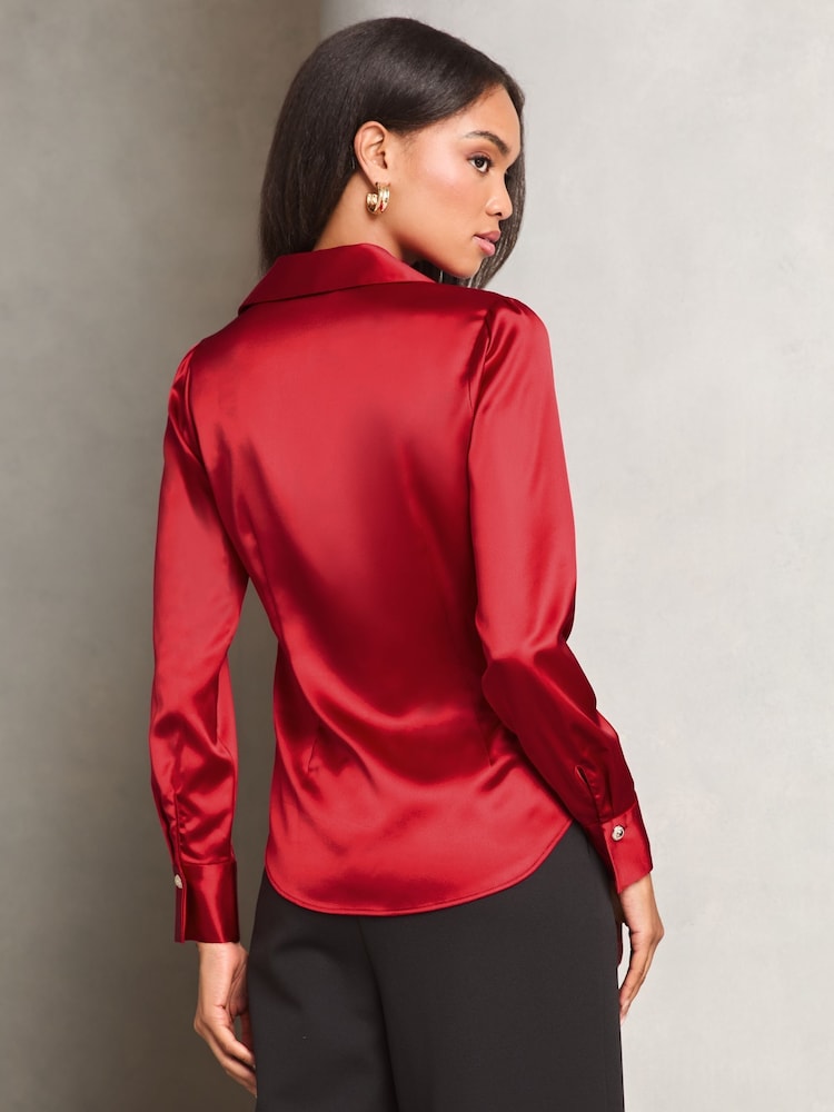 Lipsy Red Ruched Side Satin Button Through Shirt - Image 4 of 4