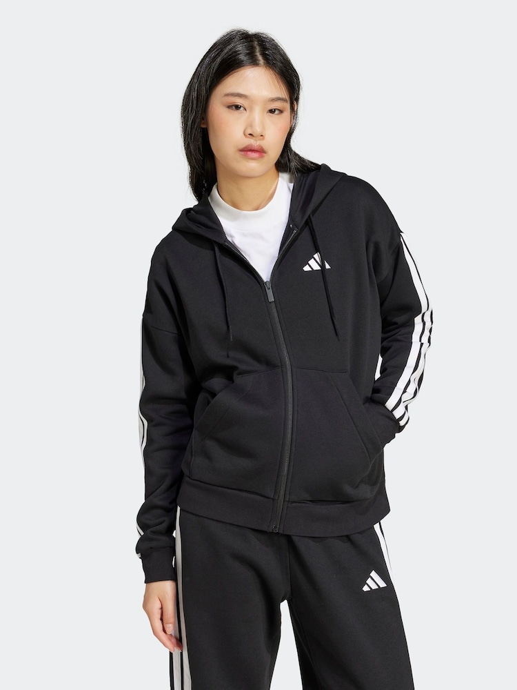 adidas Black Essentials 3-Stripes Full Zip Fleece Hoodie - Image 1 of 6