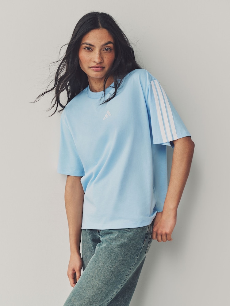 adidas Blue Boyfriend 3-Stripes 100% Cotton T-Shirt - Image 1 of 7