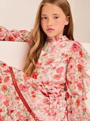 Lipsy Pink Floral Ruffle Sleeve Chiffon Sparkle Dress (5-16yrs) - Image 3 of 4