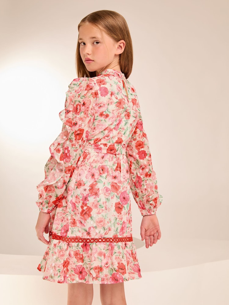 Lipsy Pink Floral Ruffle Sleeve Chiffon Sparkle Dress (5-16yrs) - Image 4 of 4