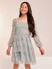 Lipsy Blue Floral Printed Mesh Tiered Dress (5-16yrs) - Image 1 of 4