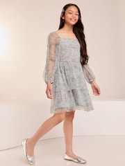 Lipsy Blue Floral Printed Mesh Tiered Dress (5-16yrs) - Image 2 of 4