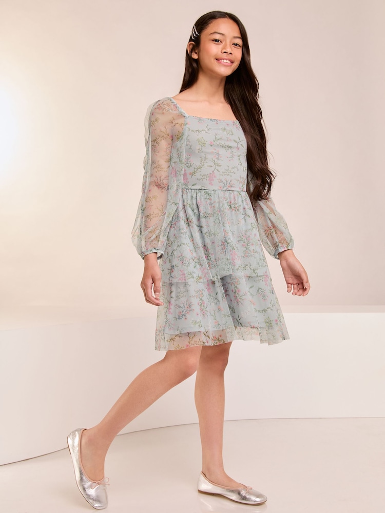Lipsy Blue Floral Printed Mesh Tiered Dress (5-16yrs) - Image 2 of 4