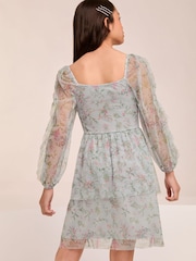 Lipsy Blue Floral Printed Mesh Tiered Dress (5-16yrs) - Image 4 of 4