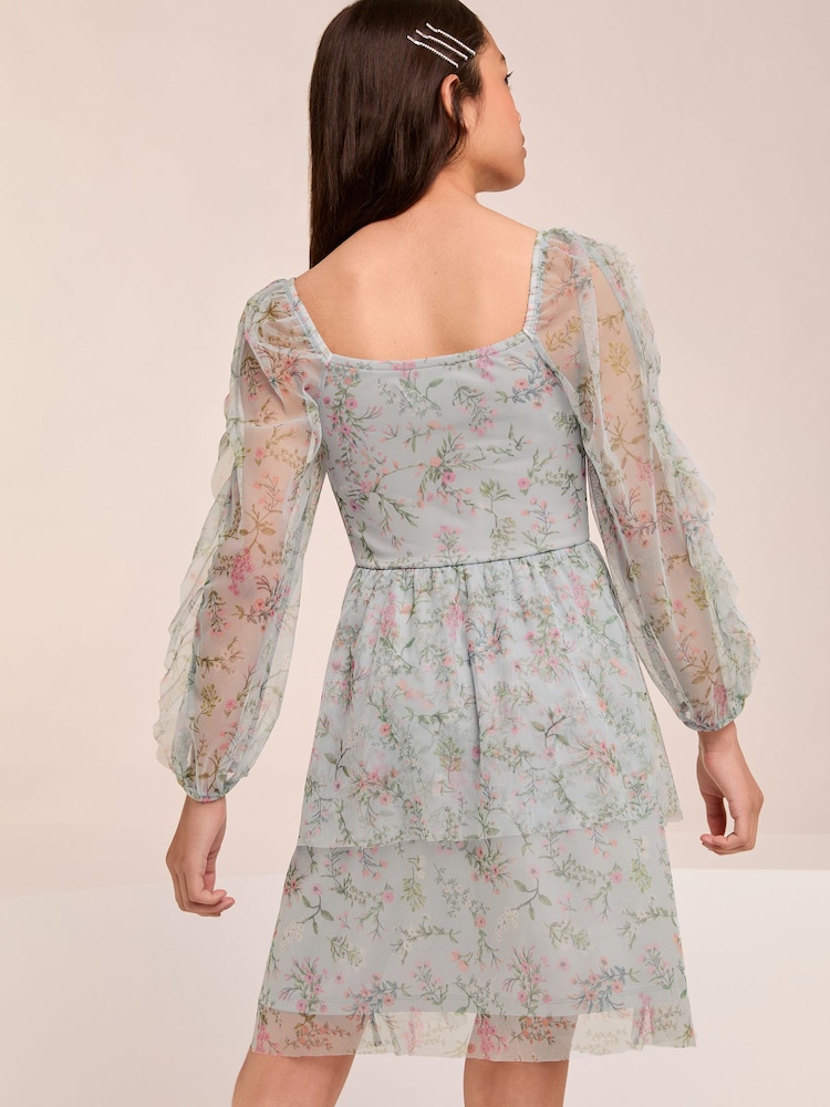 Lipsy Blue Floral Printed Mesh Tiered Dress (5-16yrs) - Image 4 of 4