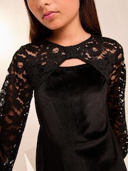 Lipsy Black Lace Sleeve Velvet Dress (5-16yrs) - Image 2 of 4