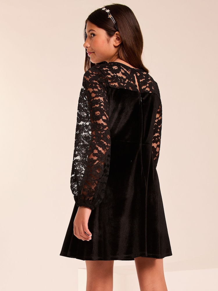 Lipsy Black Lace Sleeve Velvet Dress (5-16yrs) - Image 4 of 4