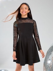 Lipsy Black Glitter Mesh Skater Dress (5-16yrs) - Image 1 of 4