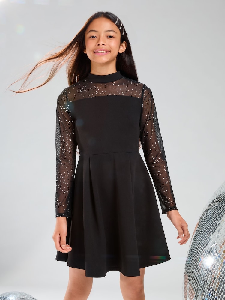 Lipsy Black Glitter Mesh Skater Dress (5-16yrs) - Image 1 of 4