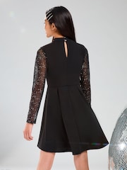 Lipsy Black Glitter Mesh Skater Dress (5-16yrs) - Image 4 of 4