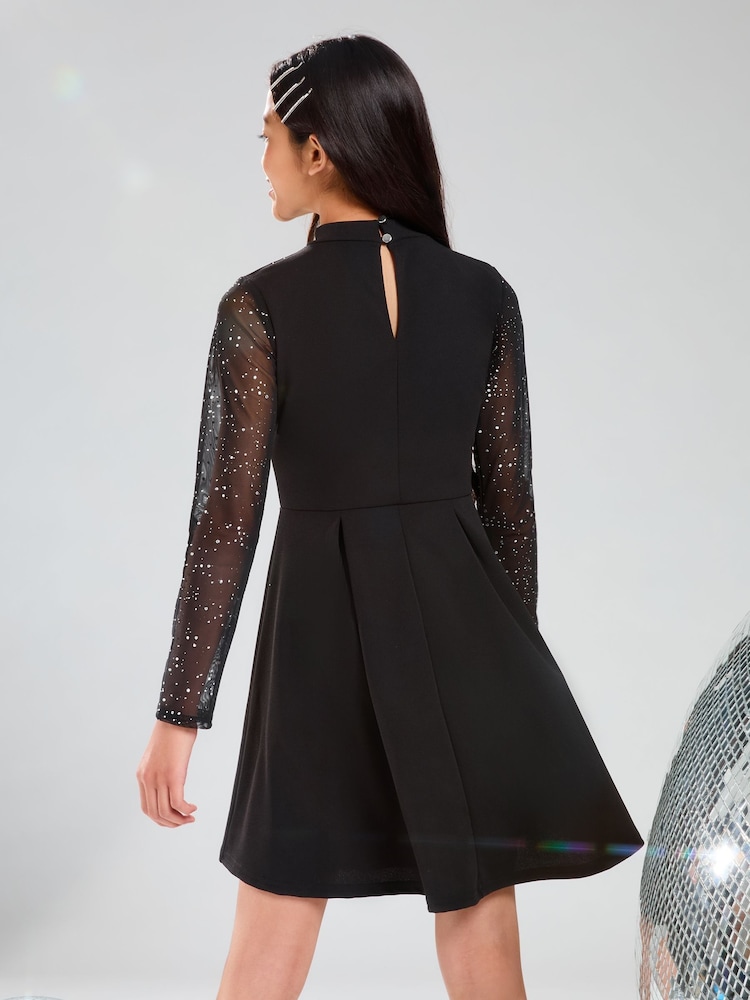 Lipsy Black Glitter Mesh Skater Dress (5-16yrs) - Image 4 of 4