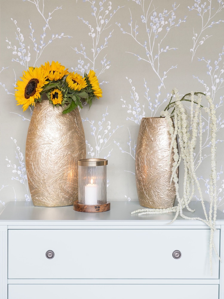 Laura Ashley Matt Champagne Small Winspear Leaf Embossed Oval Barrel Vase - Image 1 of 6
