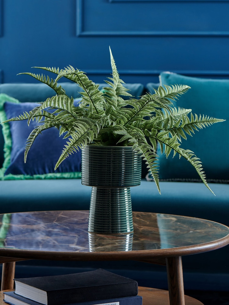 Green Artifical Fern in Ripple Glazed Vase - Image 1 of 3 Green Artifical Fern in Ripple Glazed Vase - Image 1 of 3