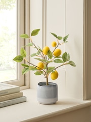 Green/Yellow Artificial Lemon Tree In Blue Ceramic Pot - Image 1 of 4