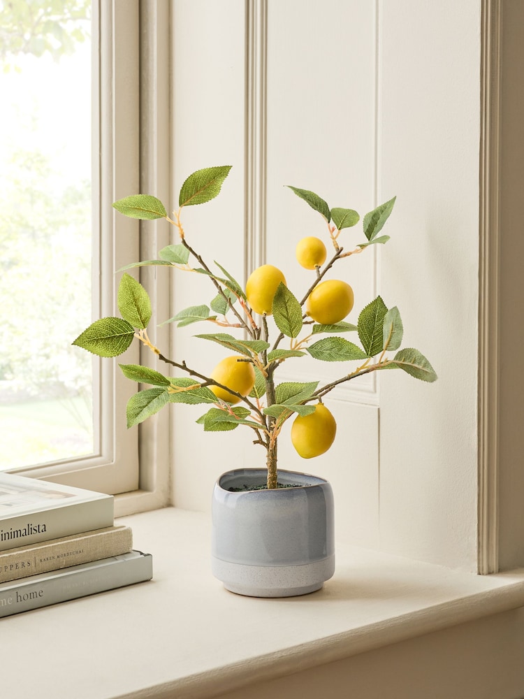 Green/Yellow Artificial Lemon Tree In Blue Ceramic Pot - Image 1 of 4