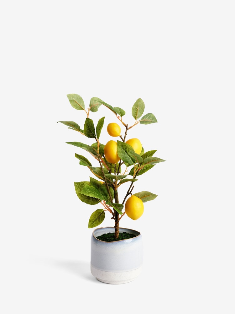 Green/Yellow Artificial Lemon Tree In Blue Ceramic Pot - Image 3 of 4