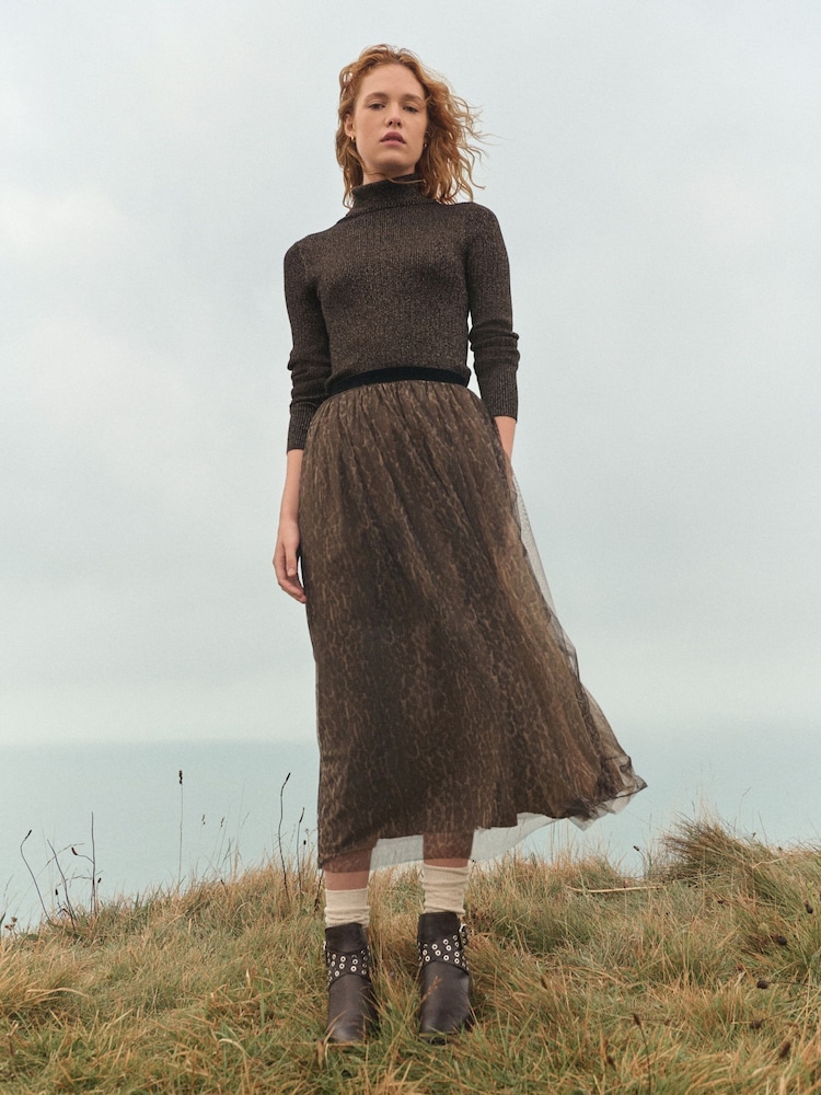 Leopard Print Mesh Tulle Midi Skirt - Image 1 of 7