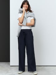 Navy Tie Waist Wide Leg Linen Blend Trousers - Image 1 of 9
