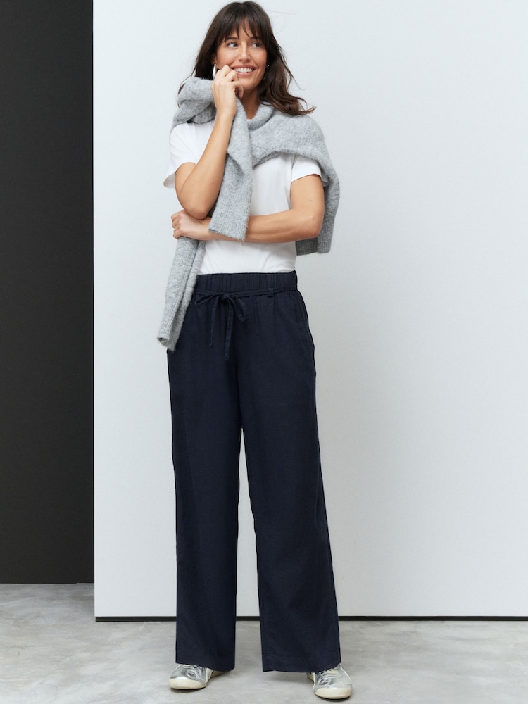 Navy Tie Waist Wide Leg Linen Blend Trousers - Image 1 of 9