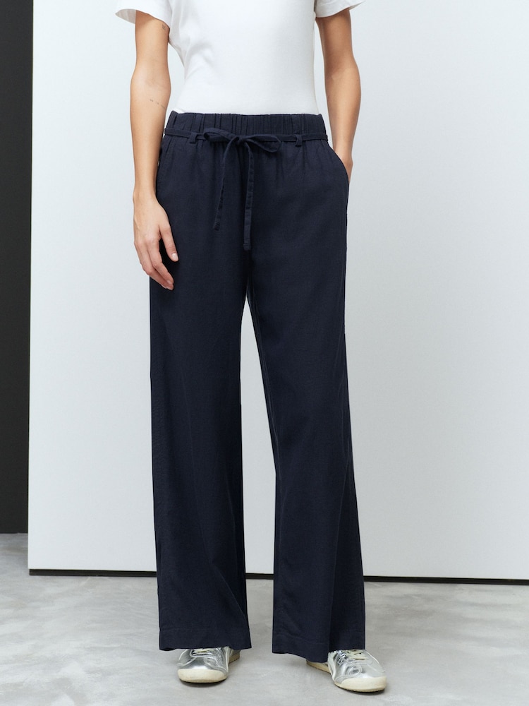 Navy Tie Waist Wide Leg Linen Blend Trousers - Image 2 of 9
