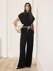 Mint Velvet Black Contrast Waist Wide Leg Trousers - Image 1 of 8
