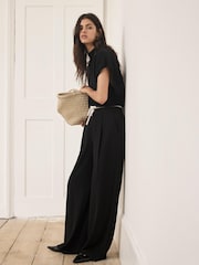 Mint Velvet Black Contrast Waist Wide Leg Trousers - Image 2 of 8