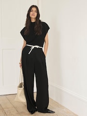 Mint Velvet Black Contrast Waist Wide Leg Trousers - Image 4 of 8