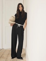 Mint Velvet Black Contrast Waist Wide Leg Trousers - Image 5 of 8