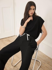 Mint Velvet Black Contrast Waist Wide Leg Trousers - Image 6 of 8