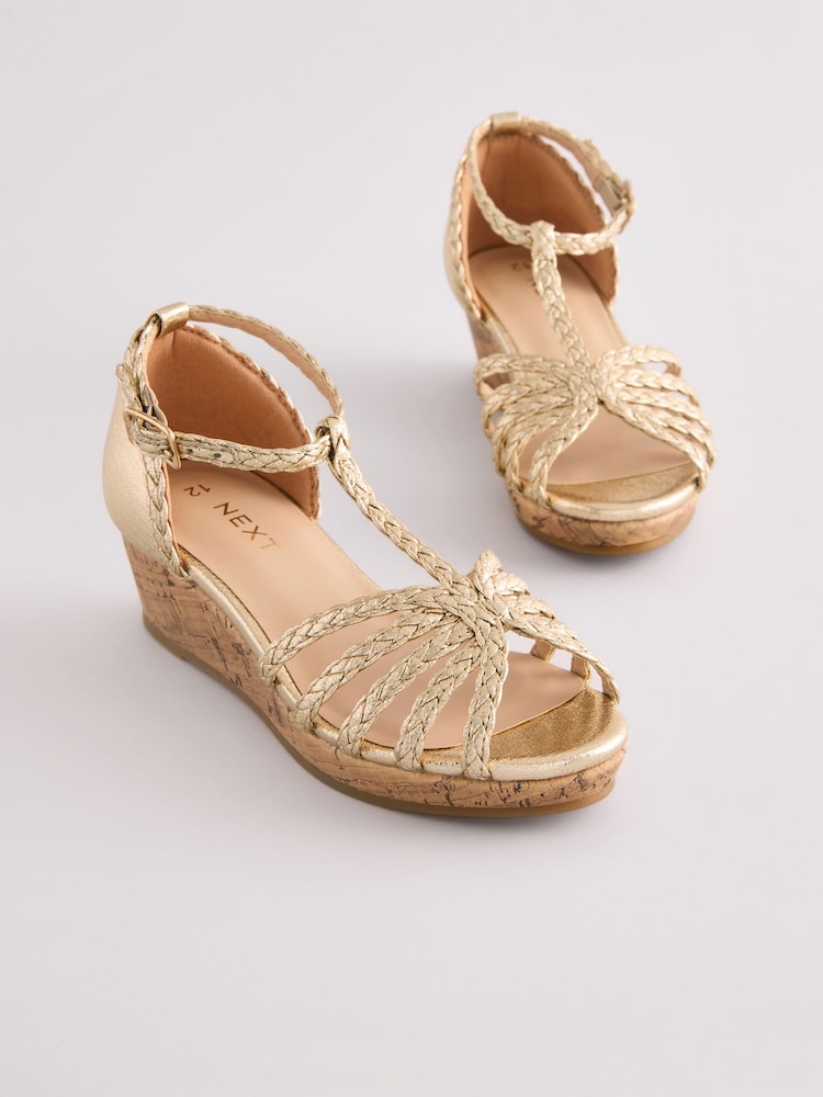 Gold Heeled Wedge Sandals - Image 1 of 5