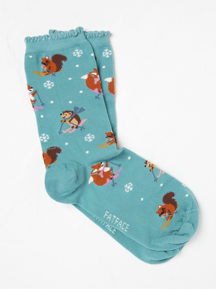 FatFace Green Skiing Animal Print Socks - Image 1 of 2 FatFace Green Skiing Animal Print Socks - Image 1 of 2
