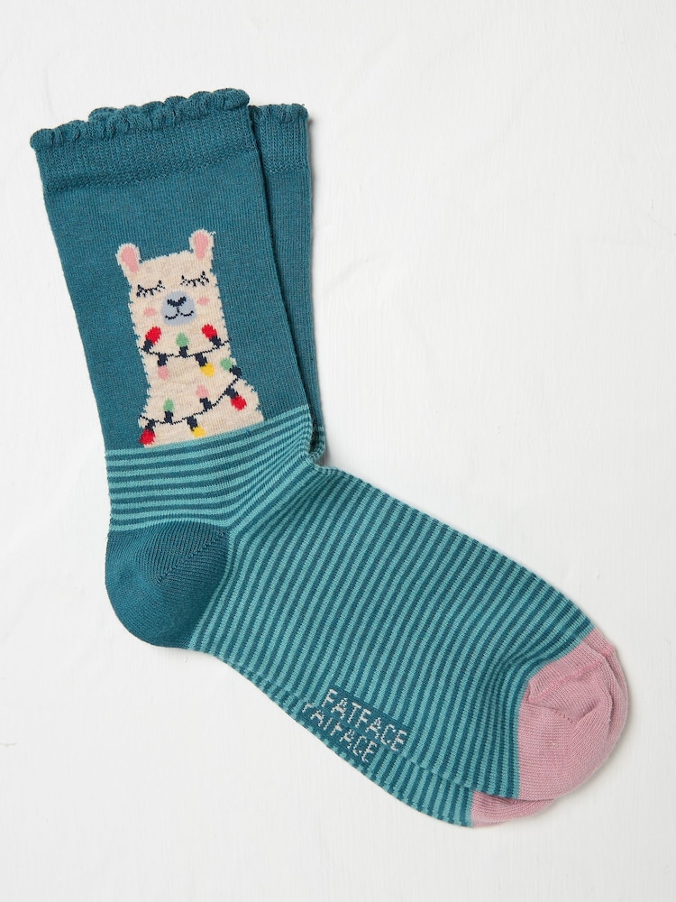 FatFace Blue Teal Womens Llama Lights Socks 1 Pack - Image 1 of 2