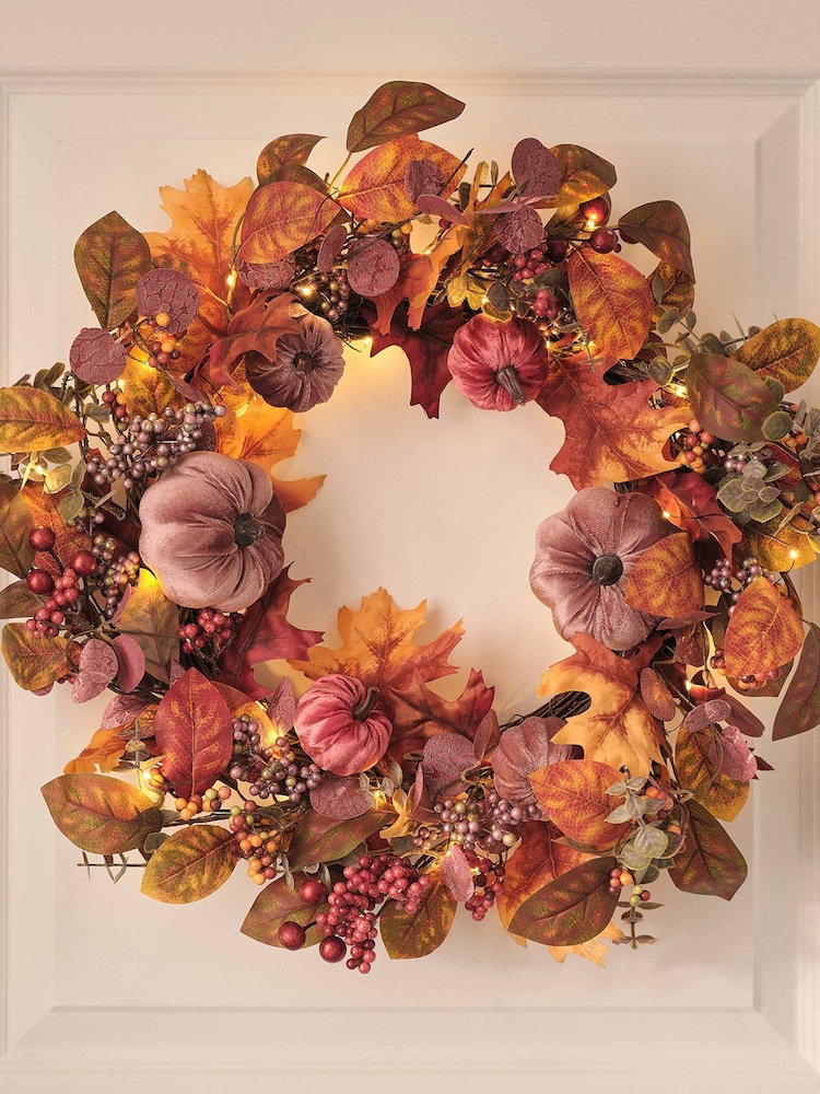Lights4fun Autumn Velvet Pumpkin LED Wreath - Image 1 of 4 Lights4fun Autumn Velvet Pumpkin LED Wreath - Image 1 of 4