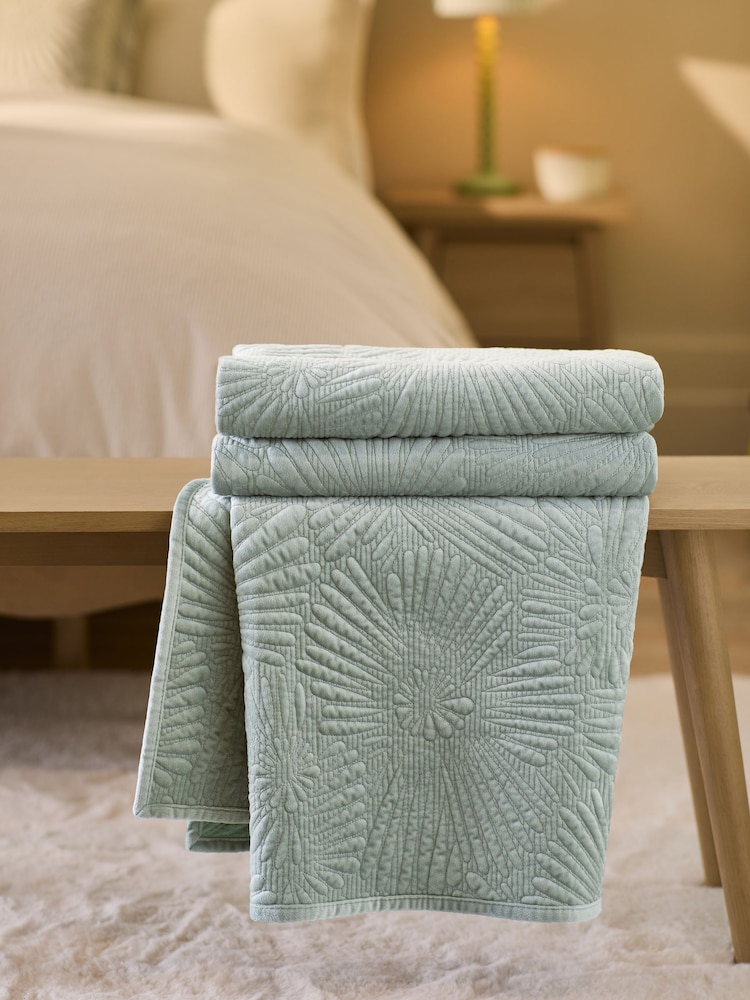 Sage Green Embroidered Daisy Bedspread - Image 2 of 4