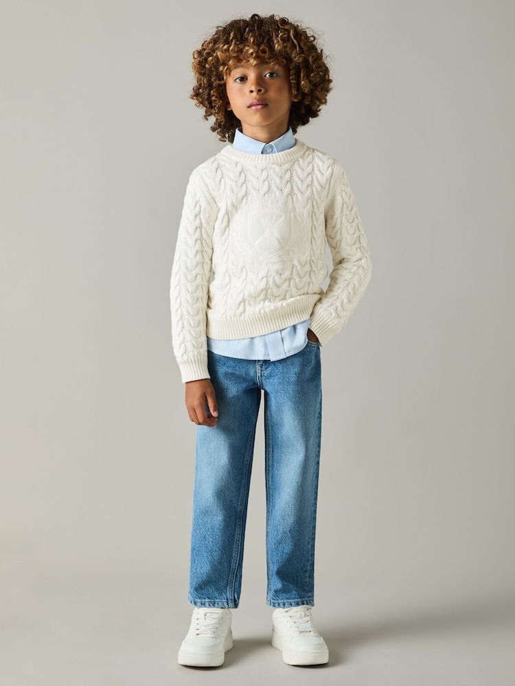 Reiss Off White Victor 3-9 yrs Logo-Embroidered Cabled Jumper with Cotton and Wool - Image 1 of 4