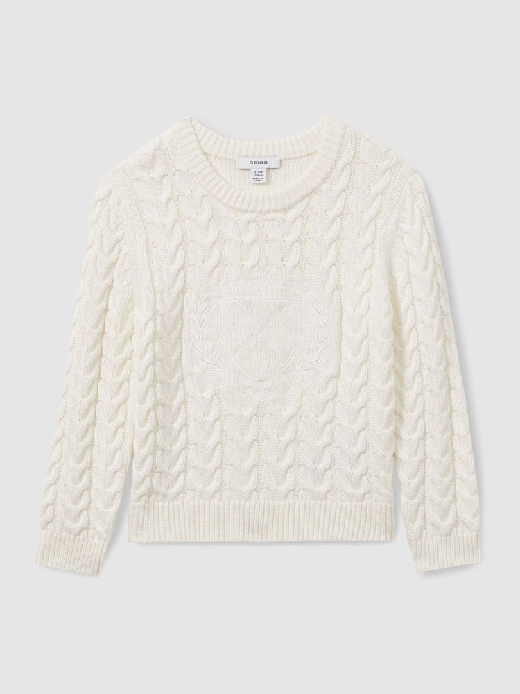 Reiss Off White Victor 3-9 yrs Logo-Embroidered Cabled Jumper with Cotton and Wool - Image 2 of 4