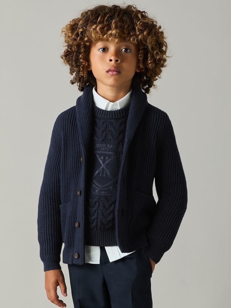 Reiss Navy Victor 9-13 yrs Logo-Embroidered Cabled Jumper with Cotton and Wool - Image 1 of 4